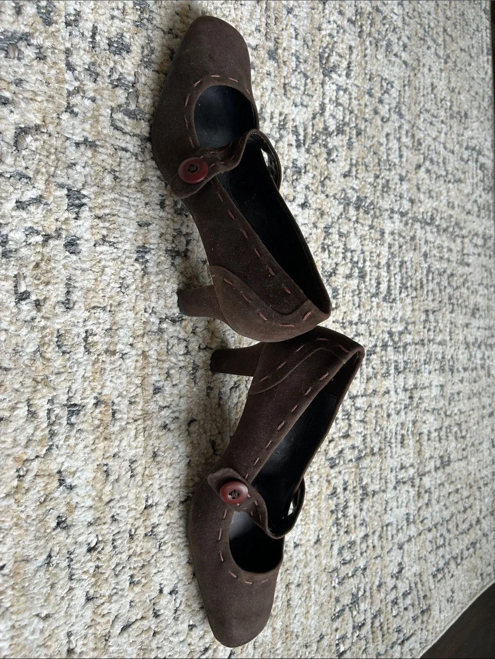 Naturalizer Brown Suede Mary Jane Heels with Red Button Accent